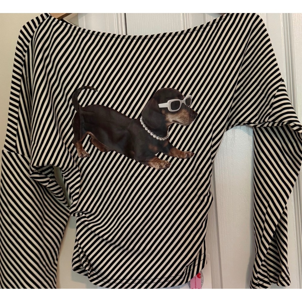 Cider Dachshund Graphic Striped Long Sleeve Boat Neck Ruched Top Black White